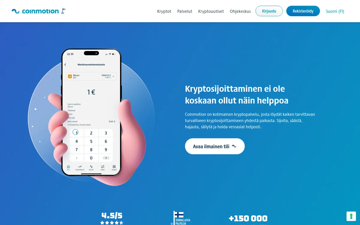 Coinmotionin etusivu tietokoneella – bitcoinin ostaminen palvelussa Coinmotion