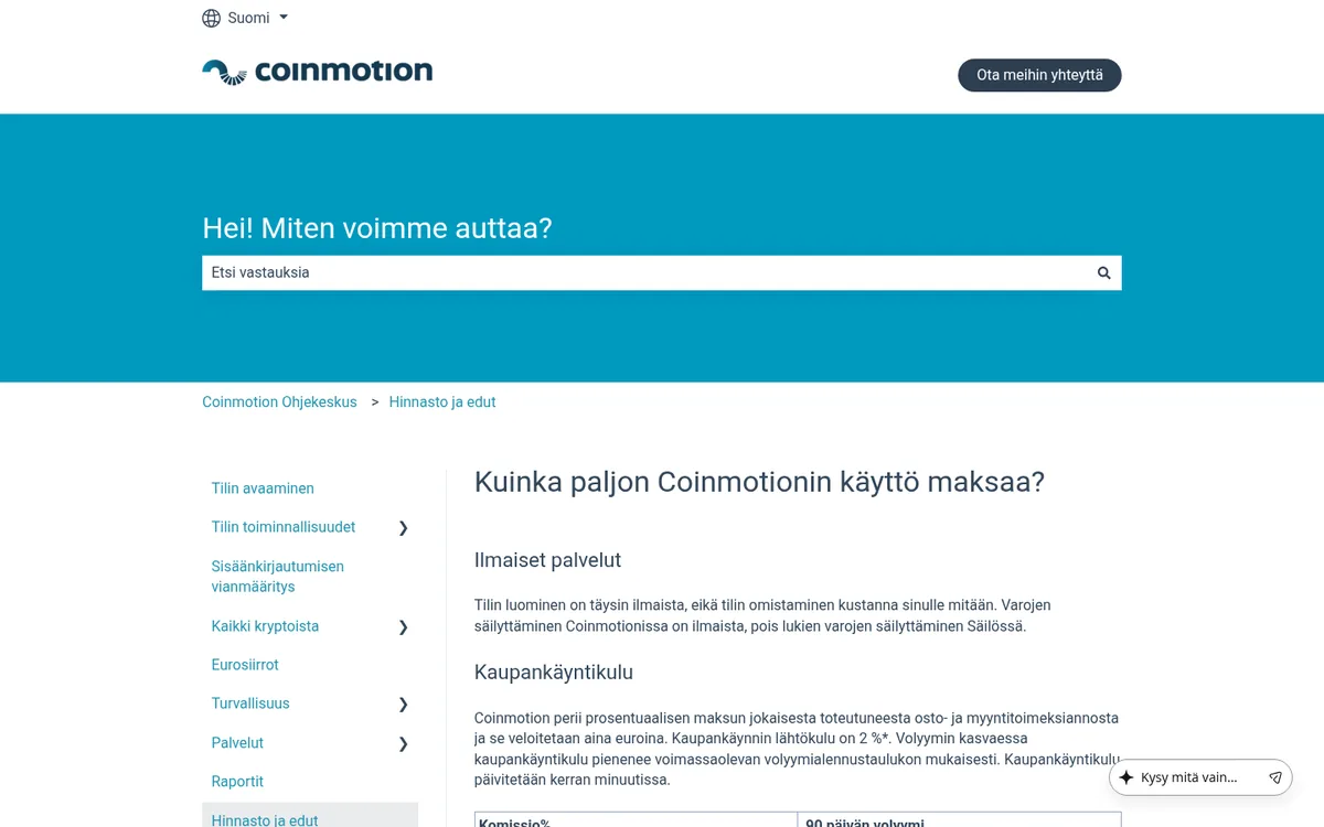 Coinmotionin hinnastosivu – bitcoinin ostaminen palvelussa Coinmotion