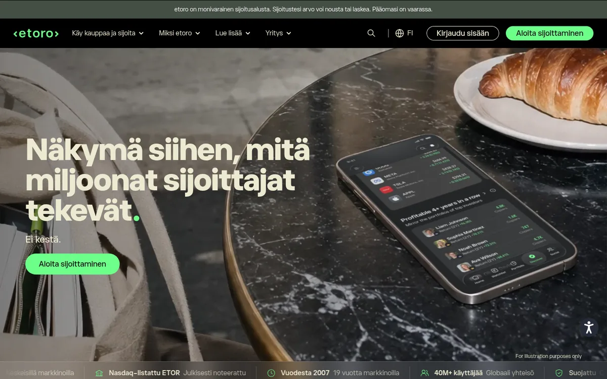eToron etusivu tietokoneella – bitcoinin ostaminen palvelussa eToro