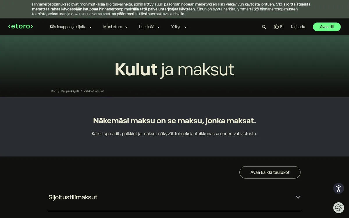eToron hinnastosivu – bitcoinin ostaminen palvelussa eToro