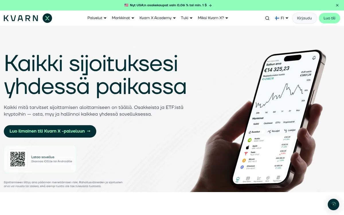 Kvarn X:n etusivu tietokoneella – bitcoinin ostaminen palvelussa Kvarn X