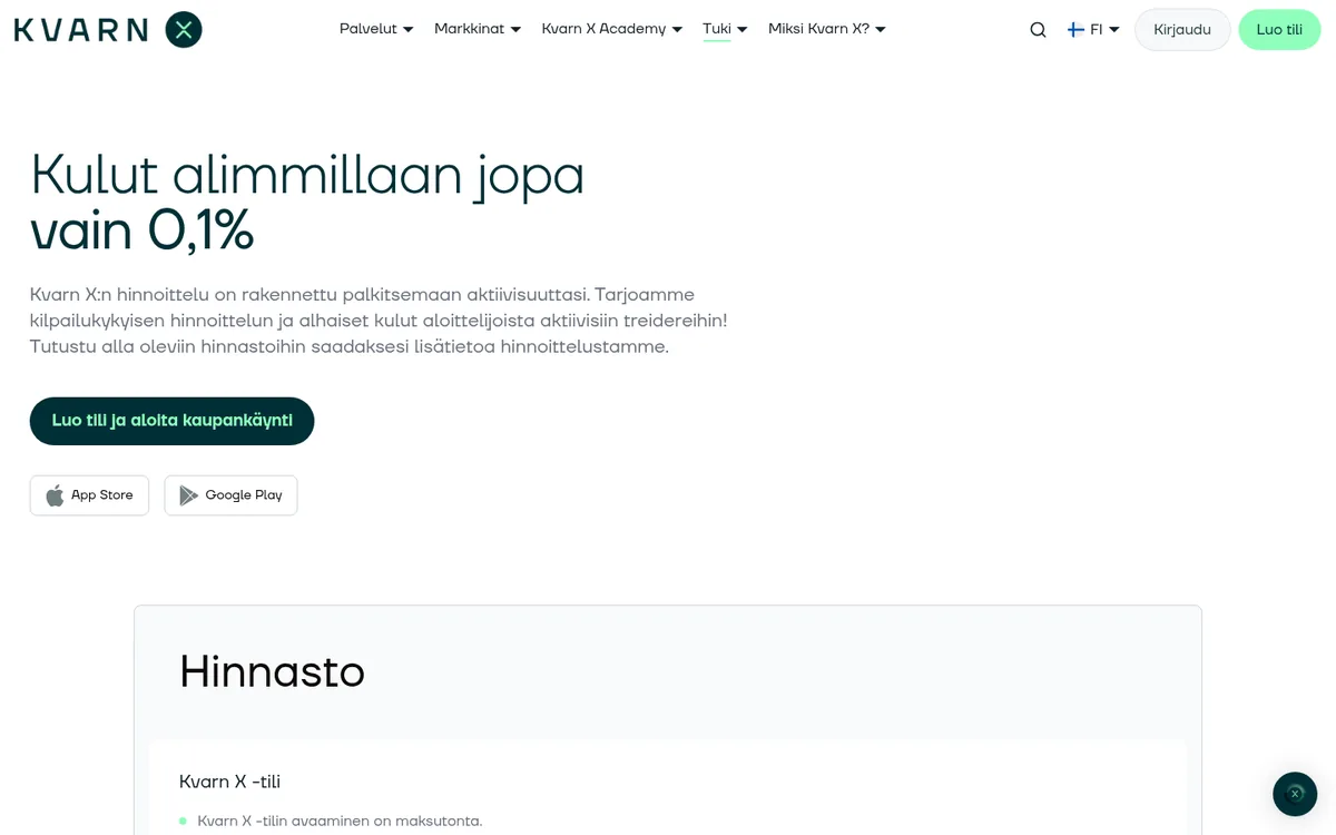 Kvarn X:n hinnastosivu – bitcoinin ostaminen palvelussa Kvarn X